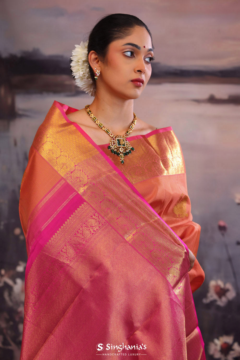 Deep Orange Kanjivaram Silk Saree With Contrast Border