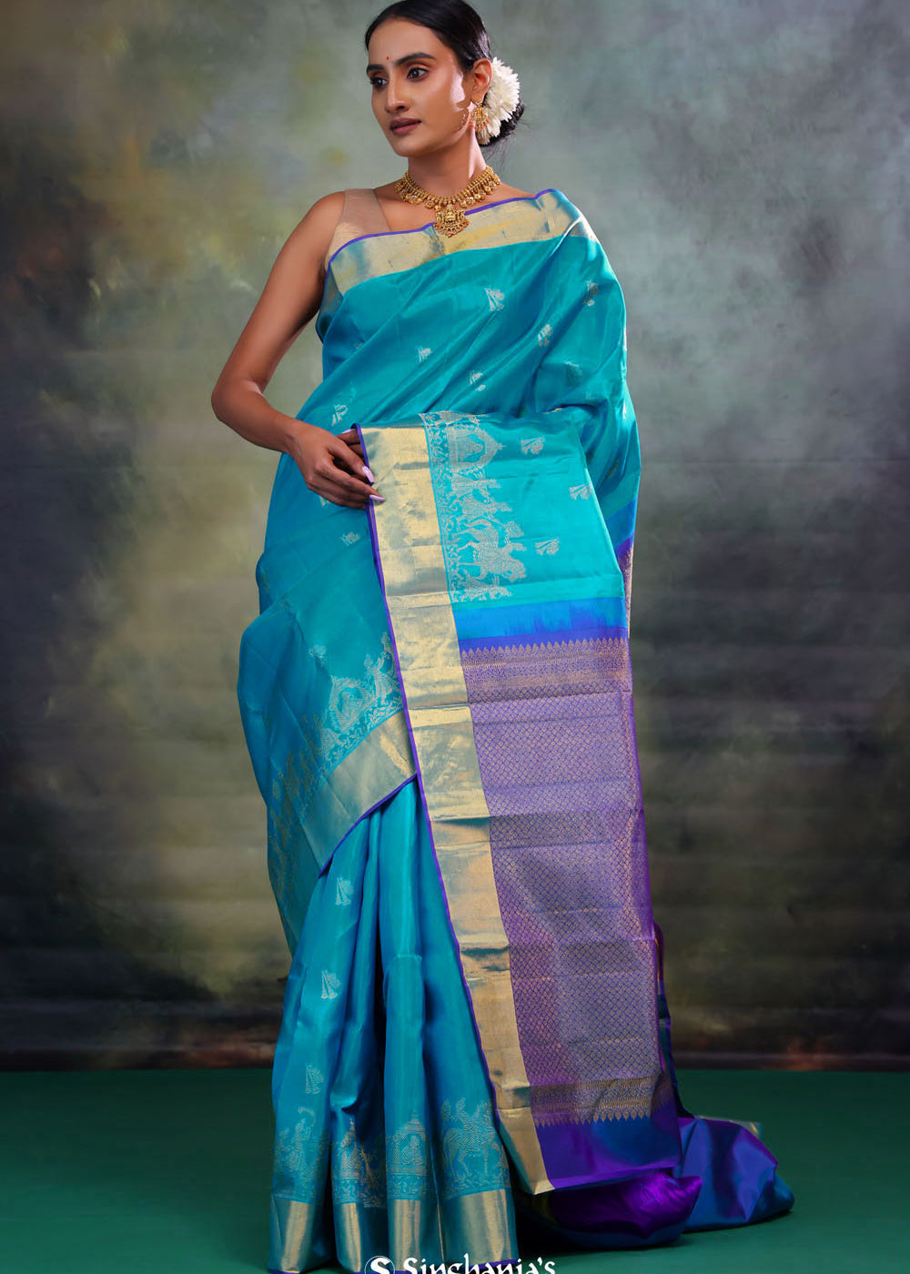 Mosaic Blue Butti Kanjivaram Silk Saree