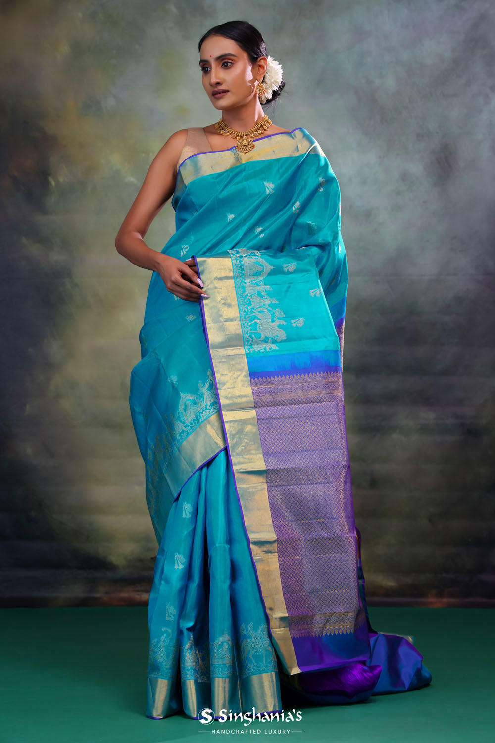 Mosaic Blue Butti Kanjivaram Silk Saree