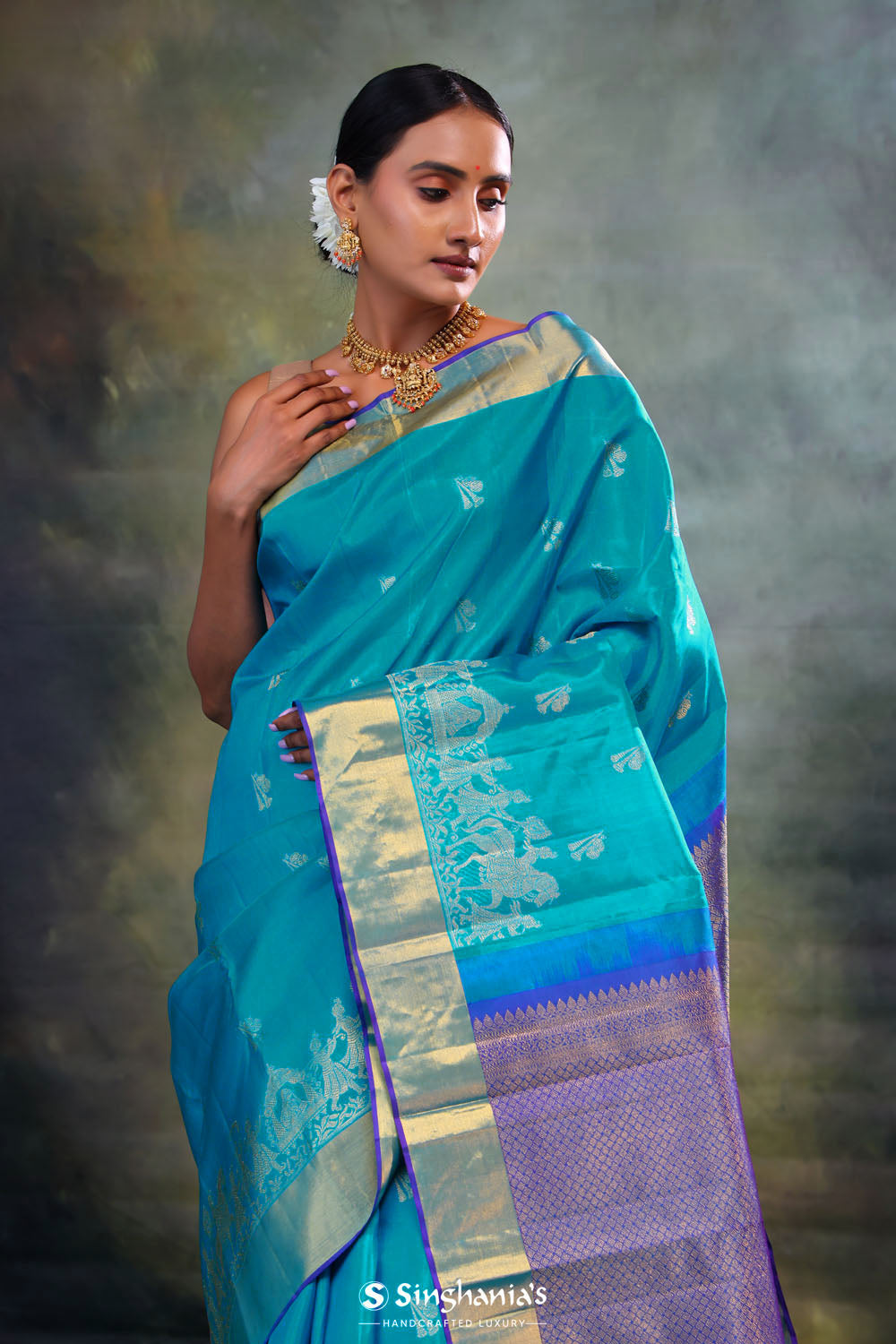 Mosaic Blue Butti Kanjivaram Silk Saree