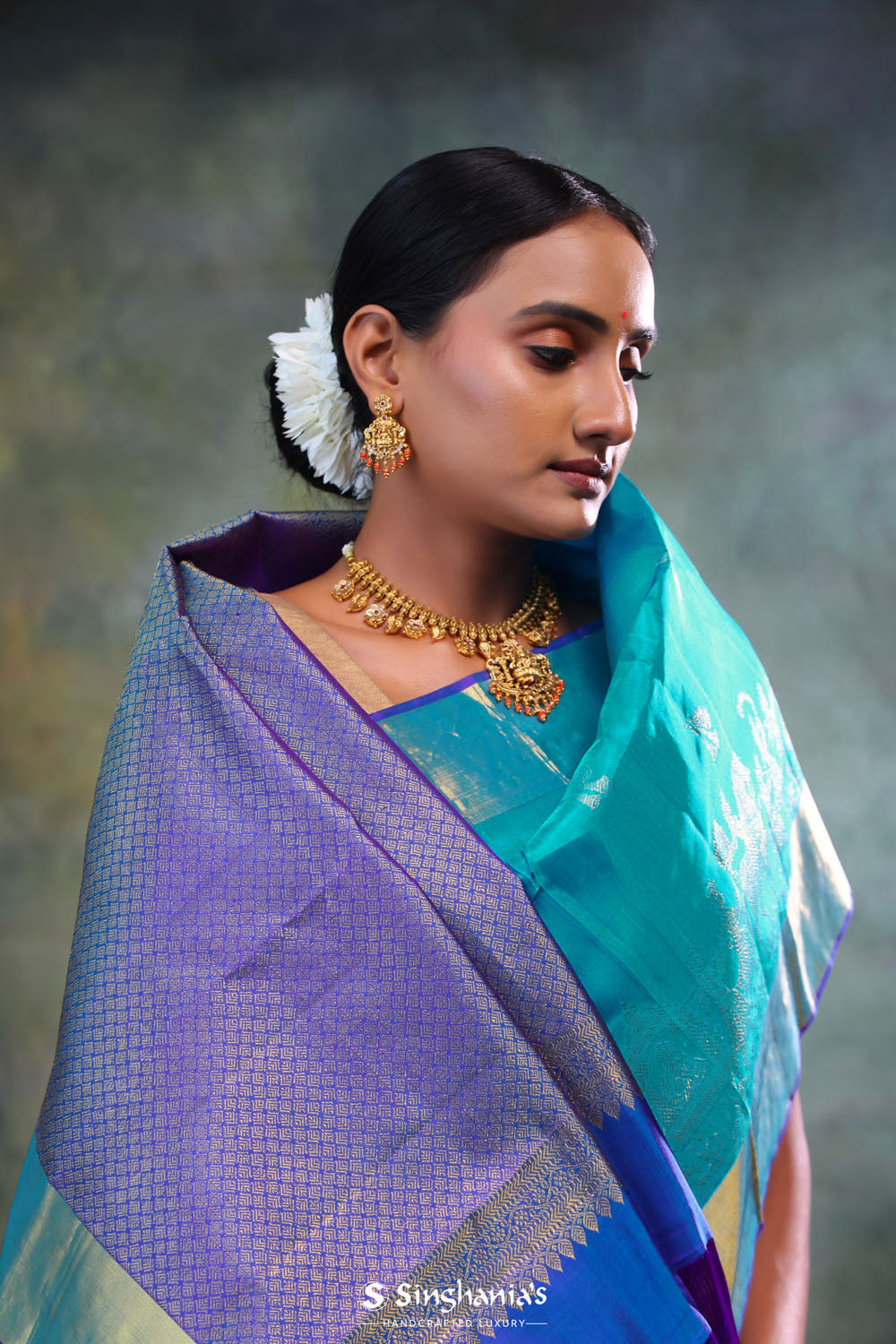 Mosaic Blue Butti Kanjivaram Silk Saree
