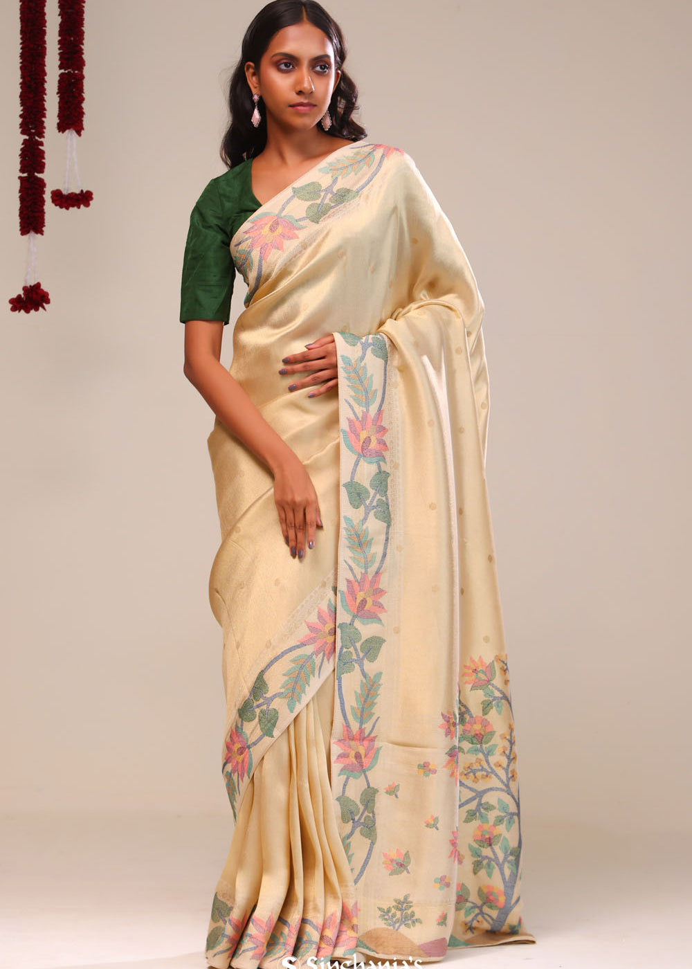 Light Gold Tissue Saree With Threadwork Embroidery