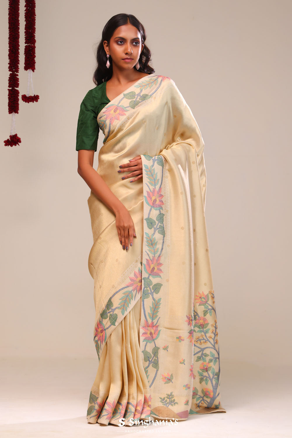 Light Gold Tissue Saree With Threadwork Embroidery