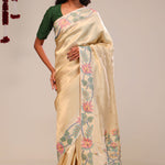 Light Gold Tissue Saree With Threadwork Embroidery