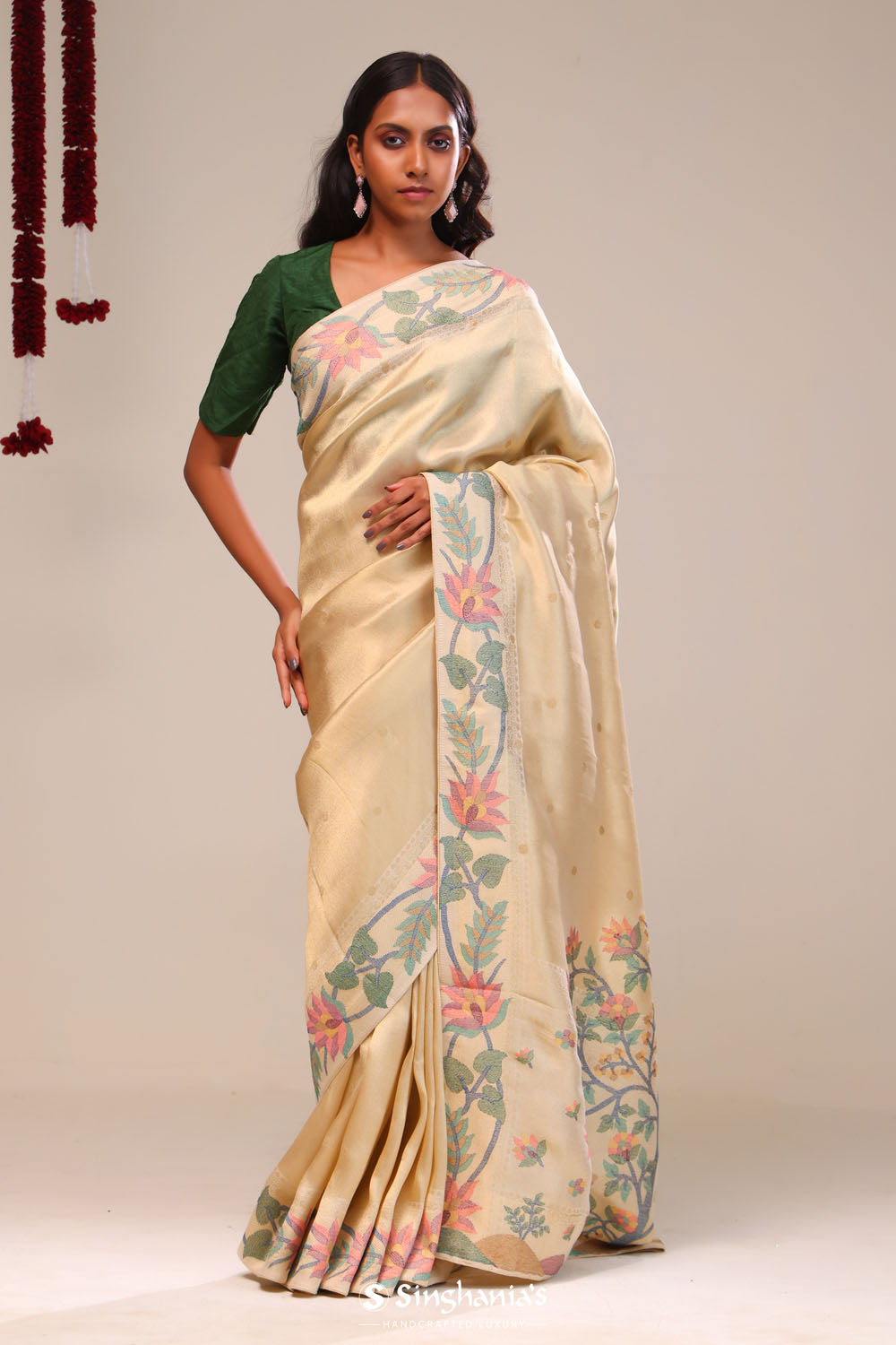 Light Gold Tissue Saree With Threadwork Embroidery
