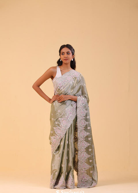 <img> Celadon Gold Tissue Handcrafted Saree