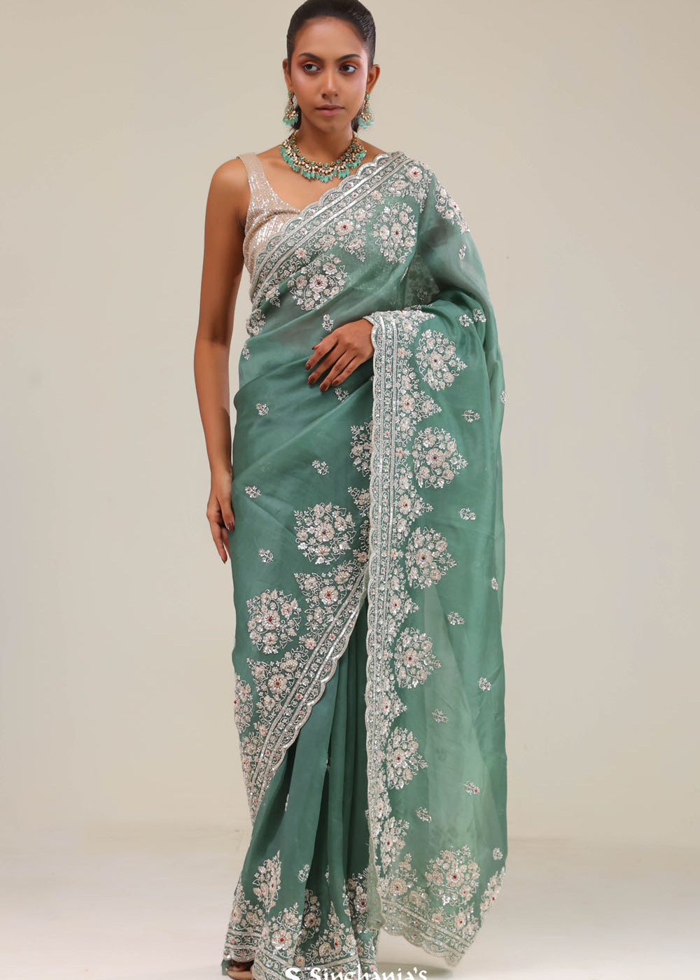Eucalyptus Green Crafted Buttis Organza Saree