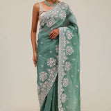 Eucalyptus Green Crafted Buttis Organza Saree