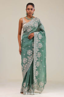 Eucalyptus Green Crafted Buttis Organza Saree
