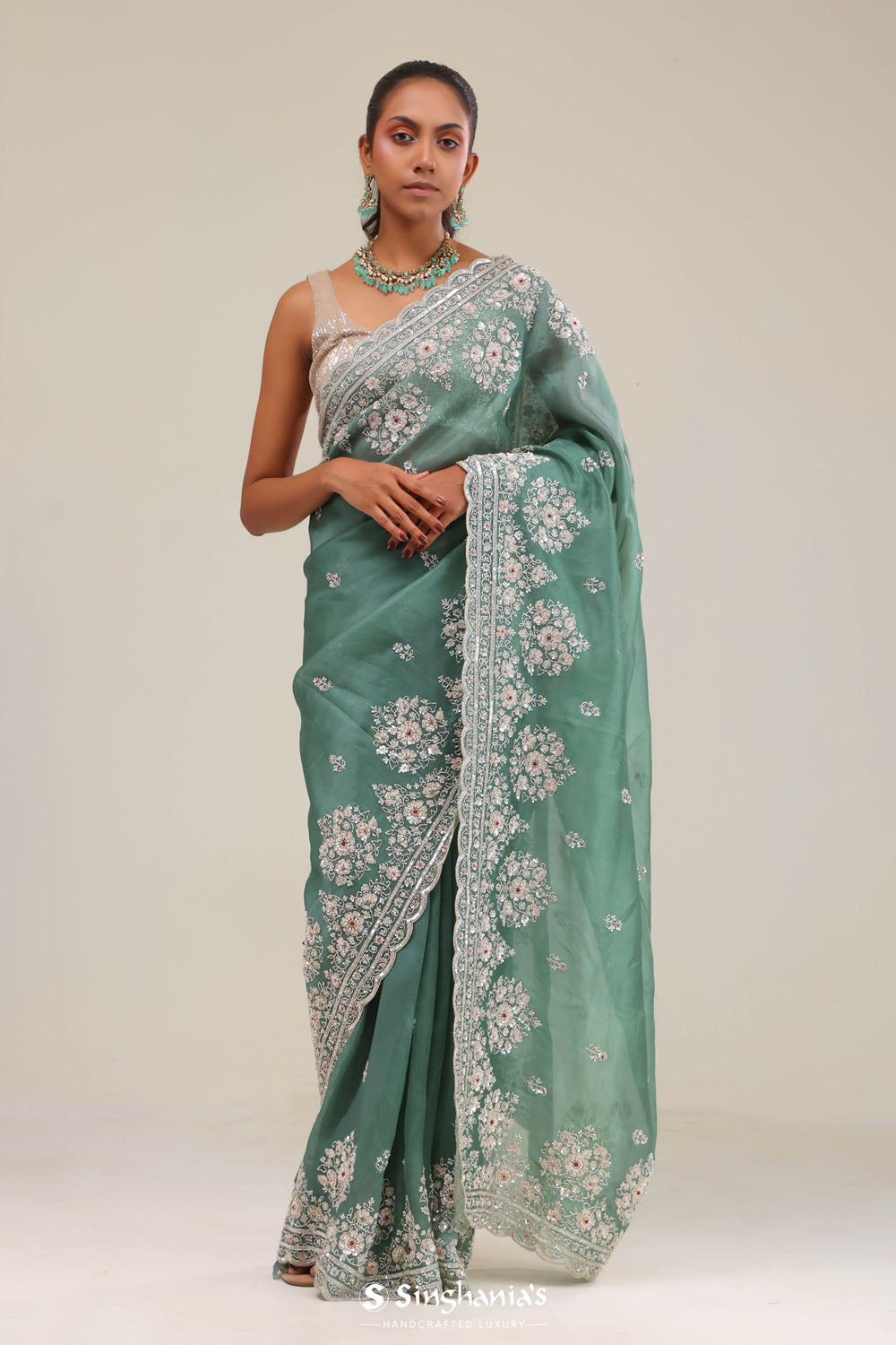 Eucalyptus Green Crafted Buttis Organza Saree