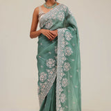 Eucalyptus Green Crafted Buttis Organza Saree