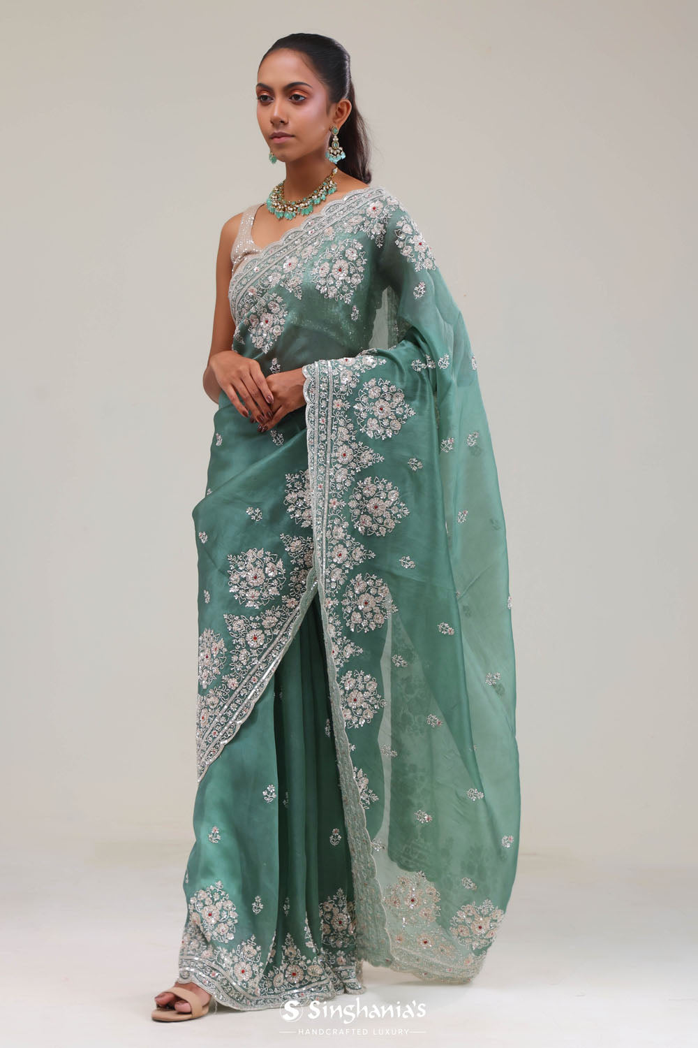 Eucalyptus Green Crafted Buttis Organza Saree