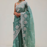 Eucalyptus Green Crafted Buttis Organza Saree