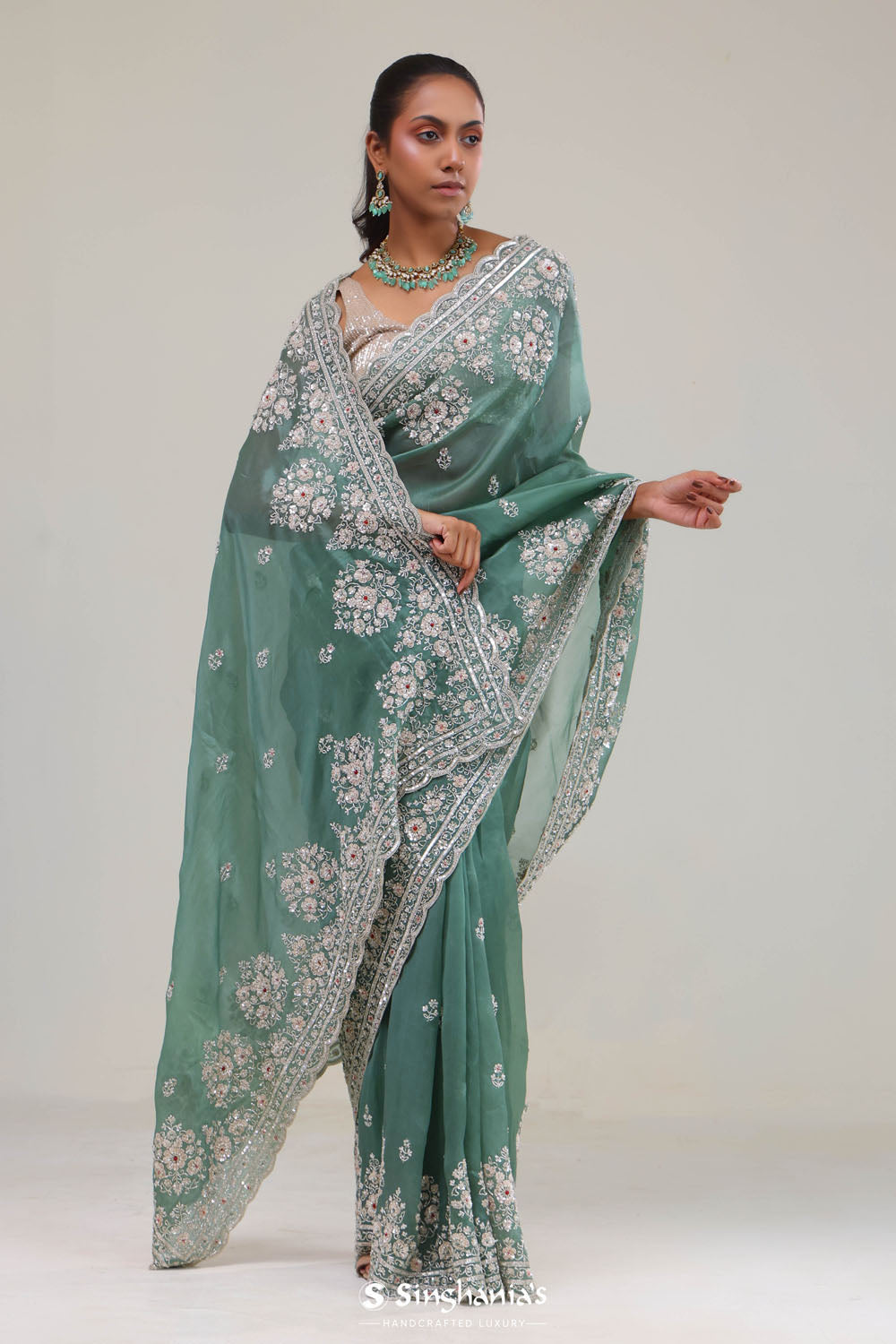 Eucalyptus Green Crafted Buttis Organza Saree