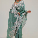 Eucalyptus Green Crafted Buttis Organza Saree