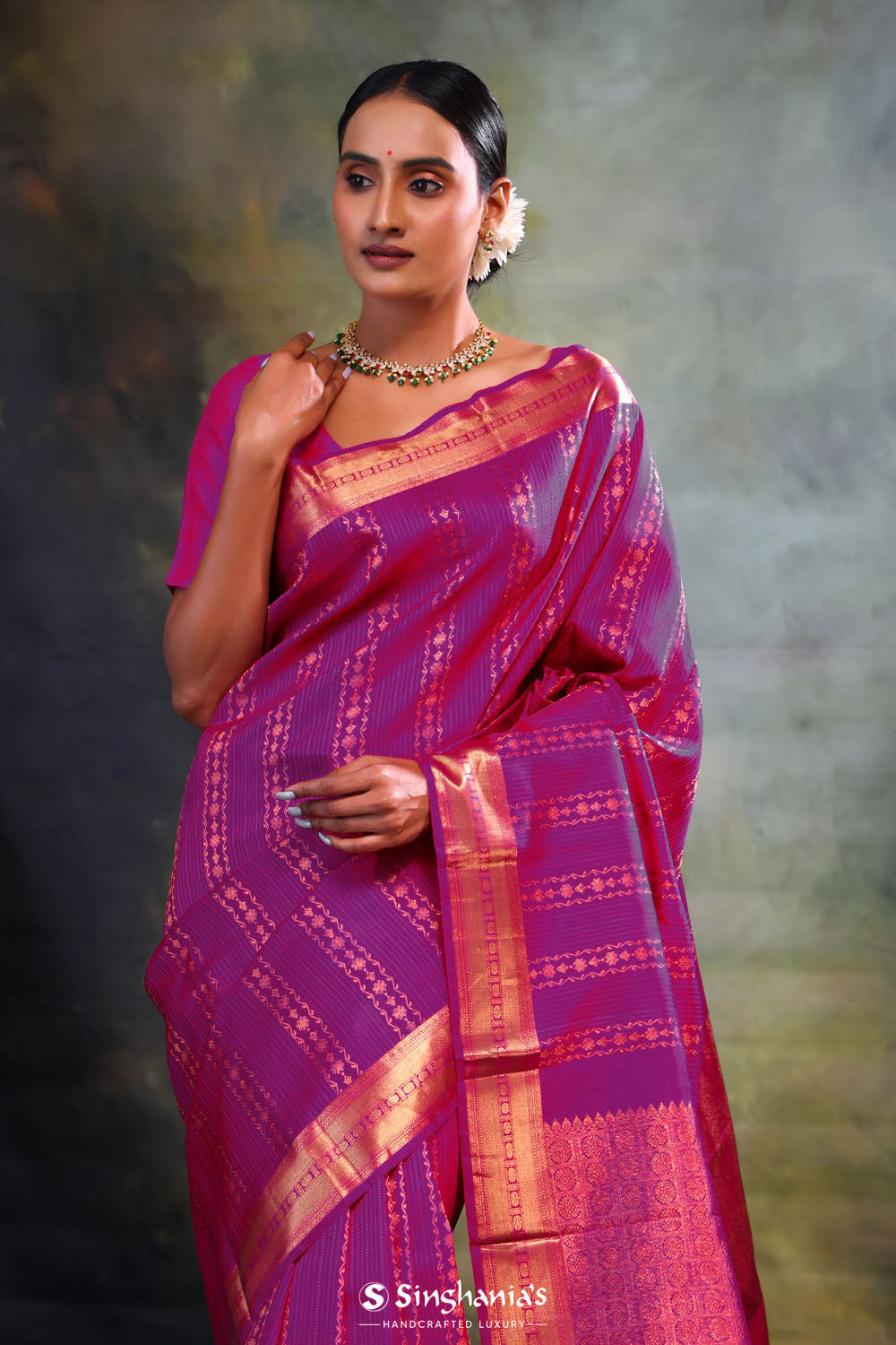 Magenta Purple Stripe Kanjivaram Silk Saree