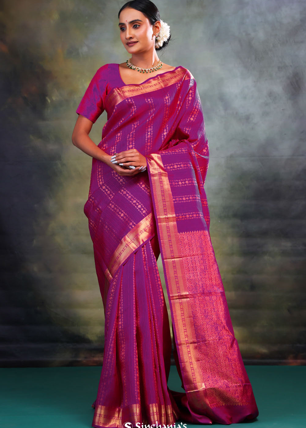 Magenta Purple Stripe Kanjivaram Silk Saree