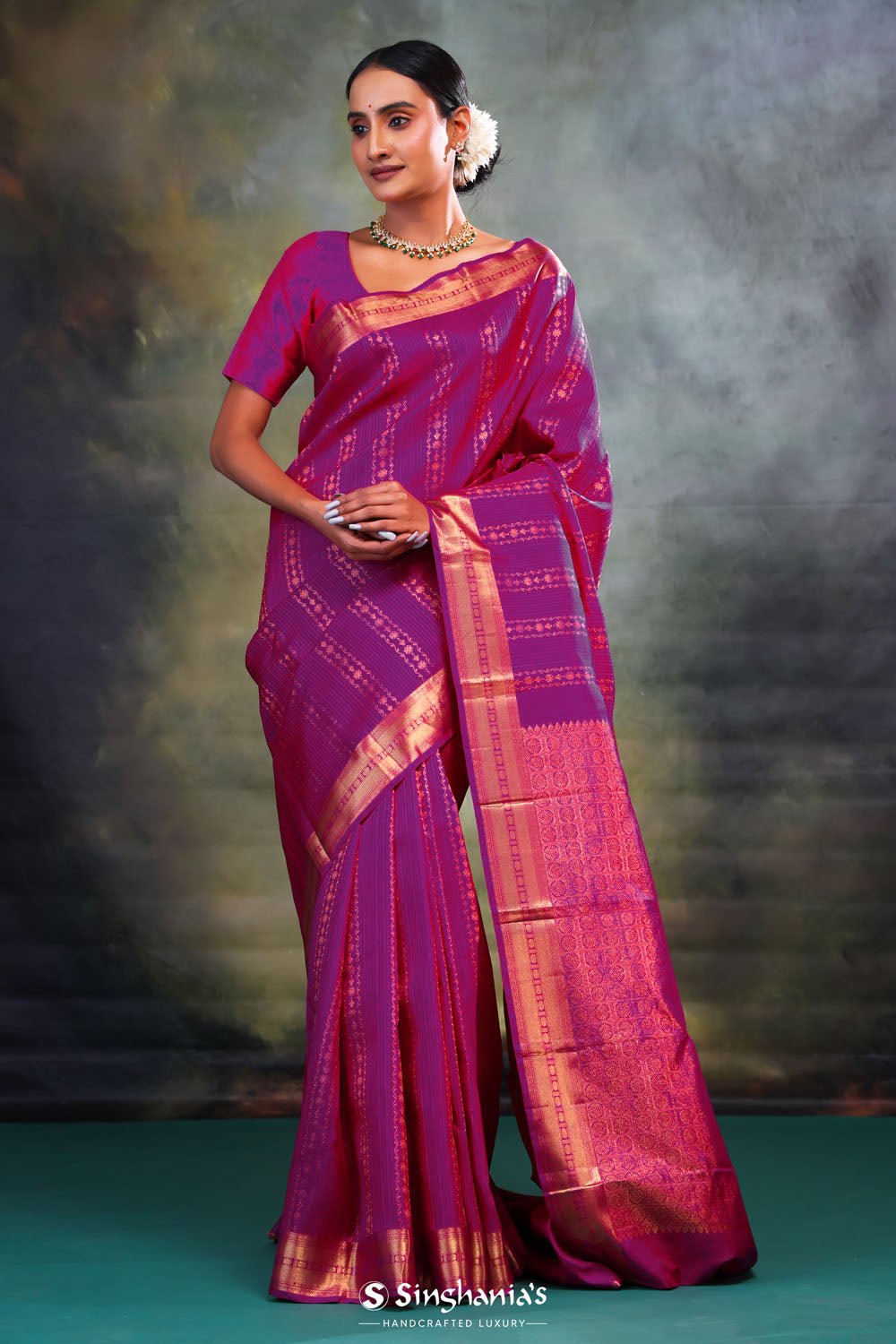 Magenta Purple Stripe Kanjivaram Silk Saree