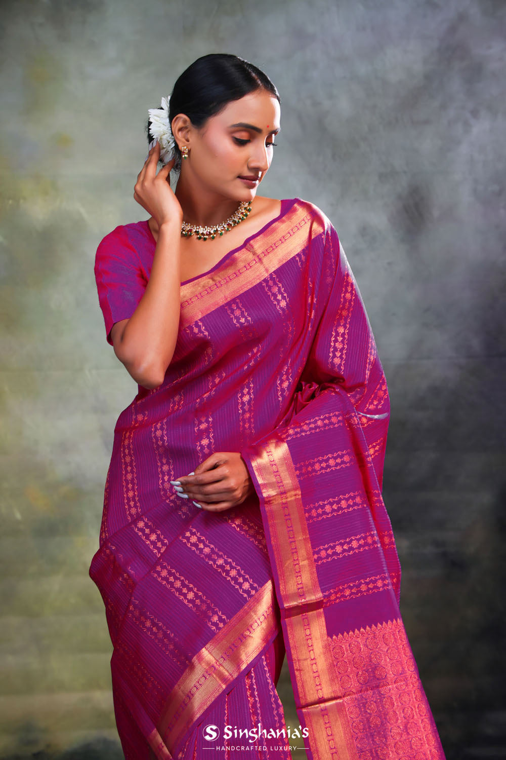 Magenta Purple Stripe Kanjivaram Silk Saree