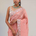 Apricot Peach Crafted Jaali Tissue Saree