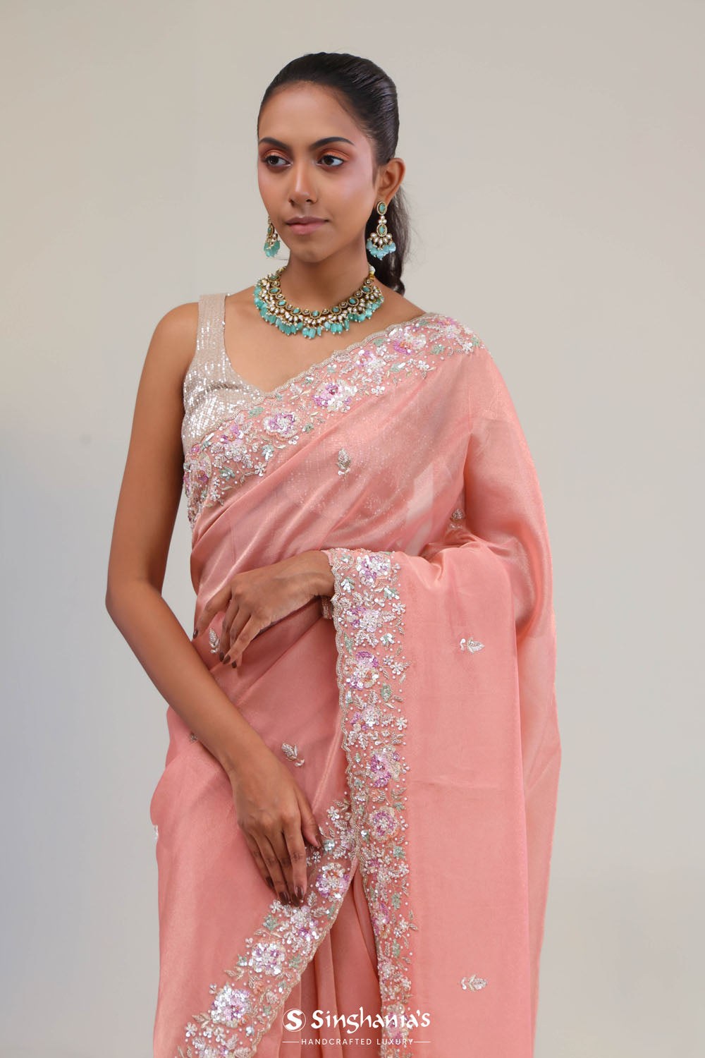 Apricot Peach Crafted Jaali Tissue Saree