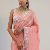 Apricot Peach Crafted Jaali Tissue Saree
