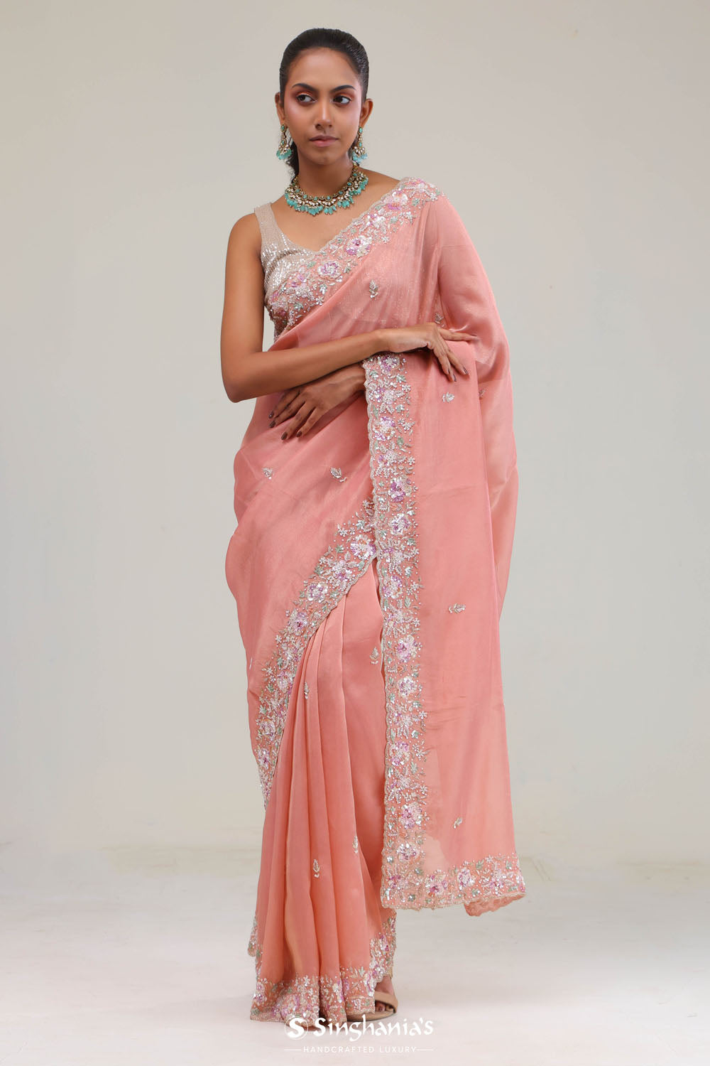 Apricot Peach Crafted Jaali Tissue Saree
