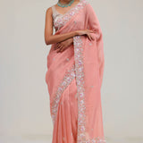 Apricot Peach Crafted Jaali Tissue Saree