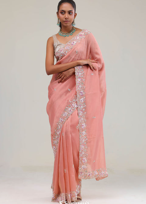  <img> Apricot Peach Crafted Jaali Tissue Saree