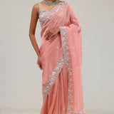 Apricot Peach Crafted Jaali Tissue Saree