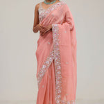 Apricot Peach Crafted Jaali Tissue Saree