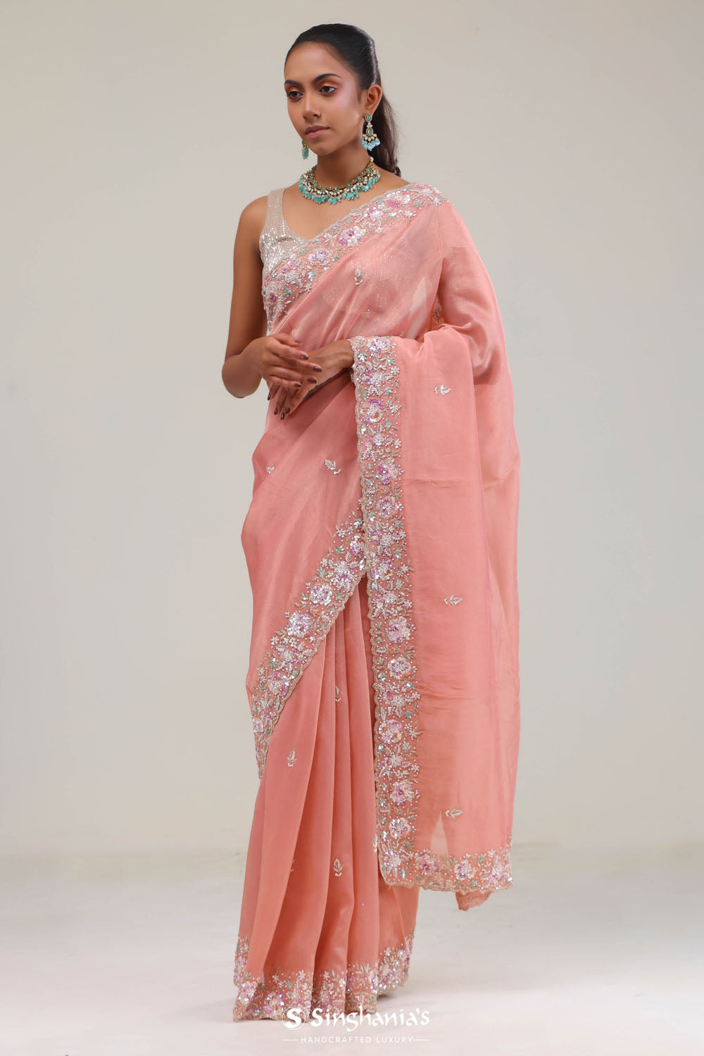 Apricot Peach Crafted Jaali Tissue Saree