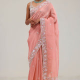 Apricot Peach Crafted Jaali Tissue Saree