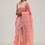 Apricot Peach Crafted Jaali Tissue Saree
