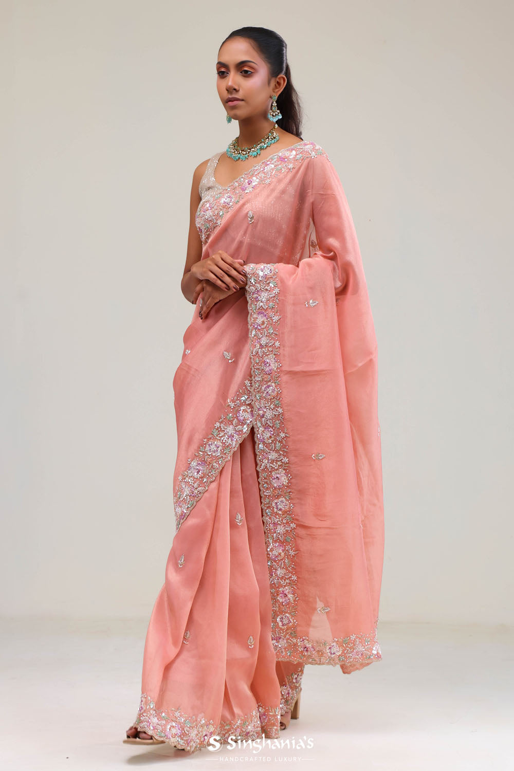 Apricot Peach Crafted Jaali Tissue Saree