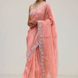 Apricot Peach Crafted Jaali Tissue Saree