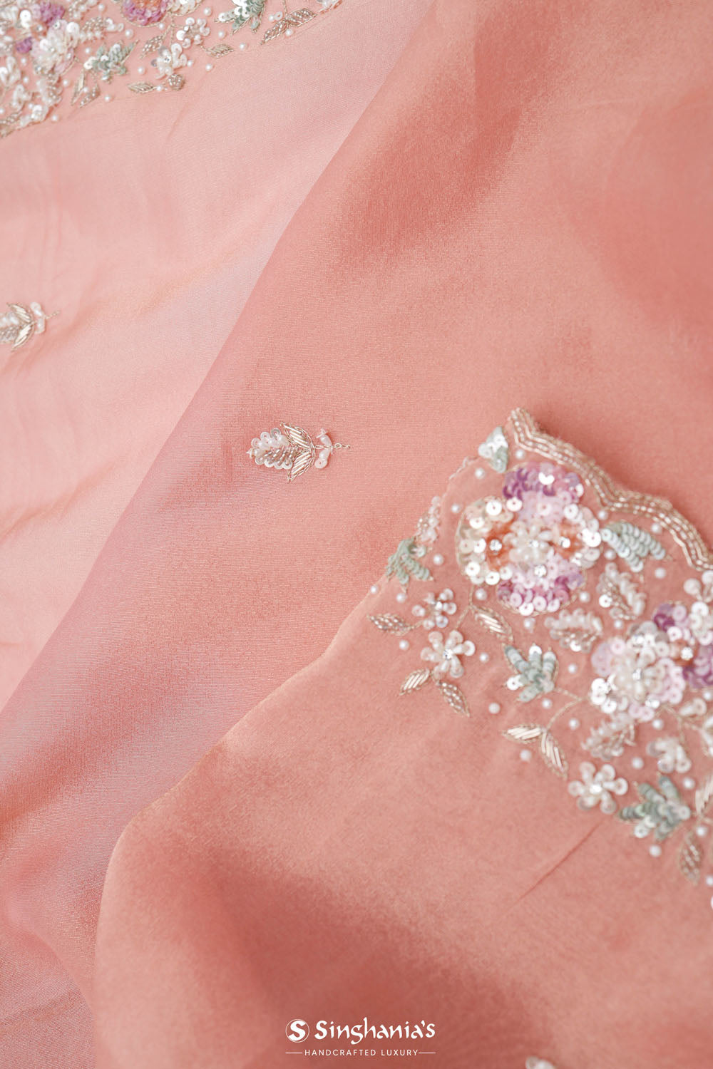 Apricot Peach Crafted Jaali Tissue Saree