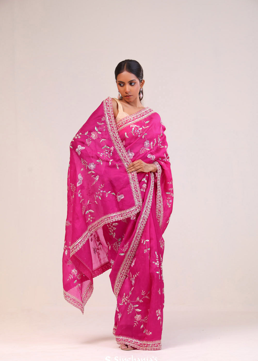 Rani Pink Organza Handcrafted Saree