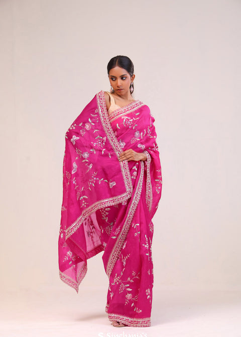  <img> Rani Pink Organza Handcrafted Saree