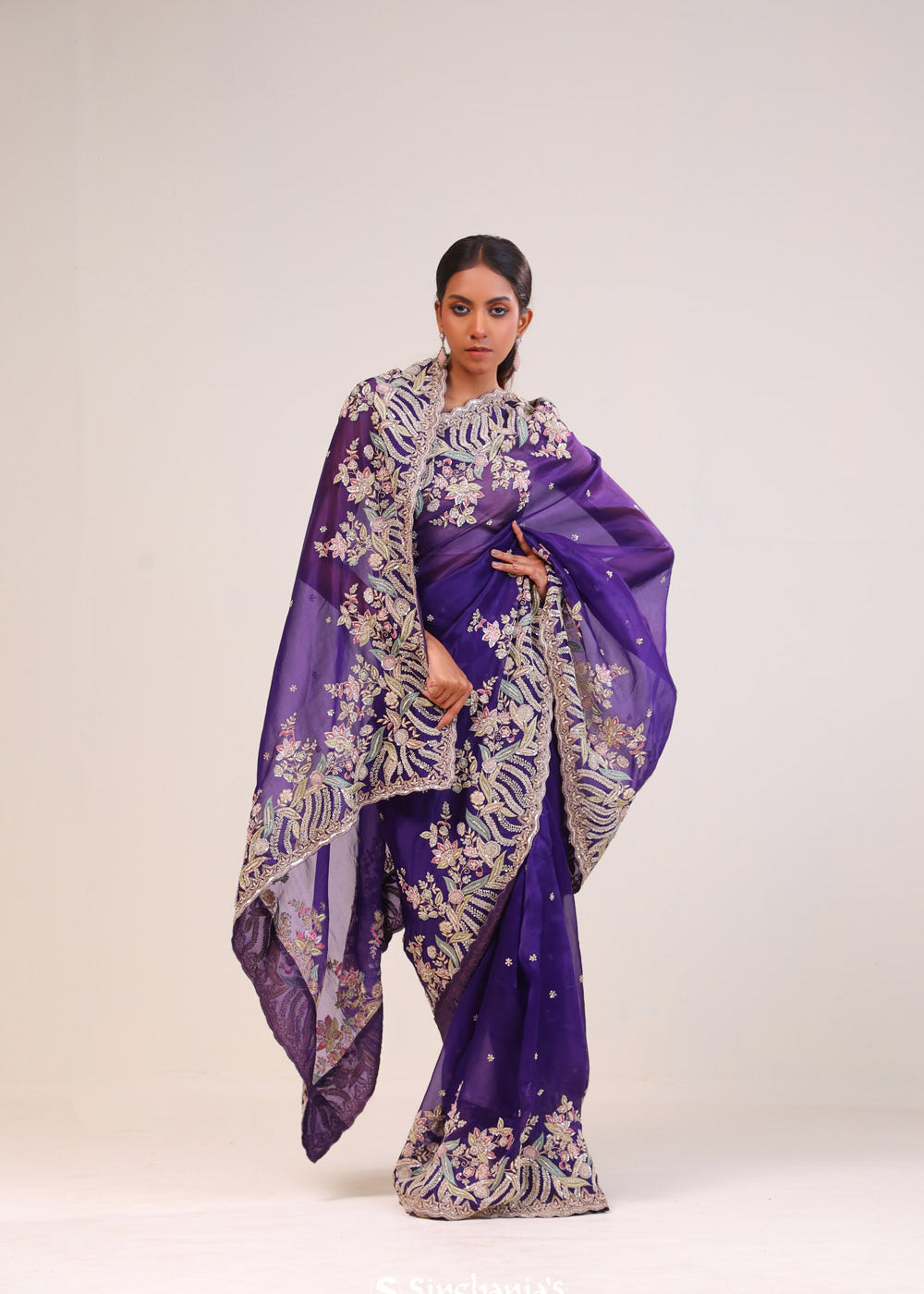 Picotee Blue Organza Handcrafted Saree