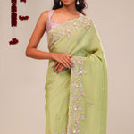 Moss Green Tissue Handcrafted Saree