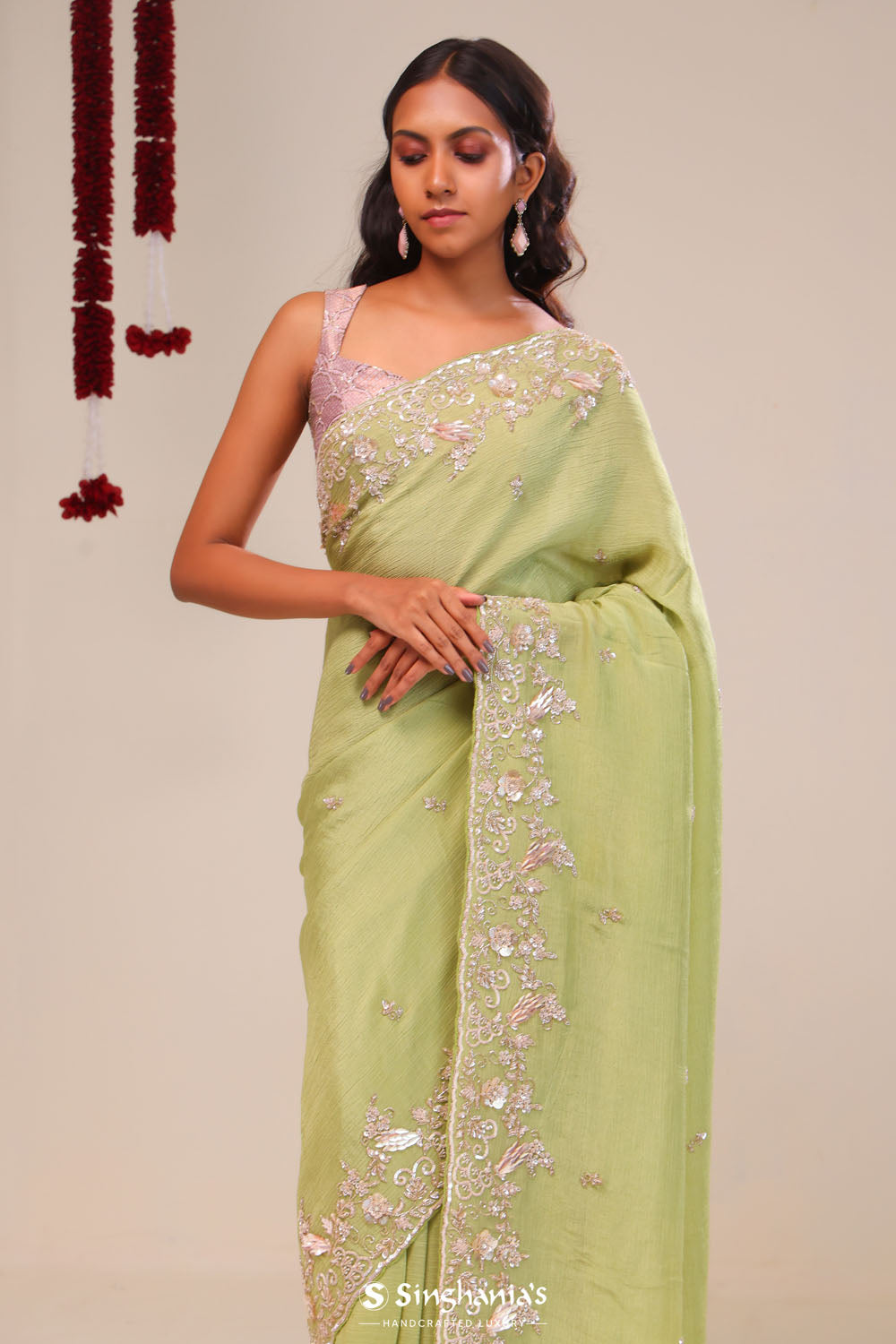 Moss Green Tissue Handcrafted Saree