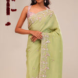 Moss Green Tissue Handcrafted Saree