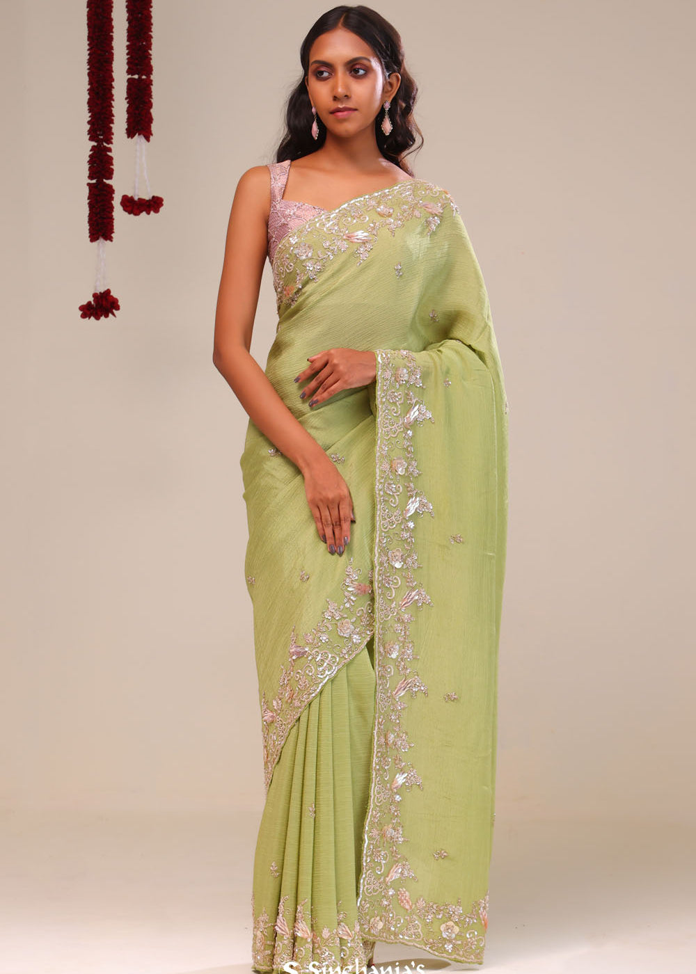 Moss Green Tissue Handcrafted Saree