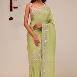 Moss Green Tissue Handcrafted Saree