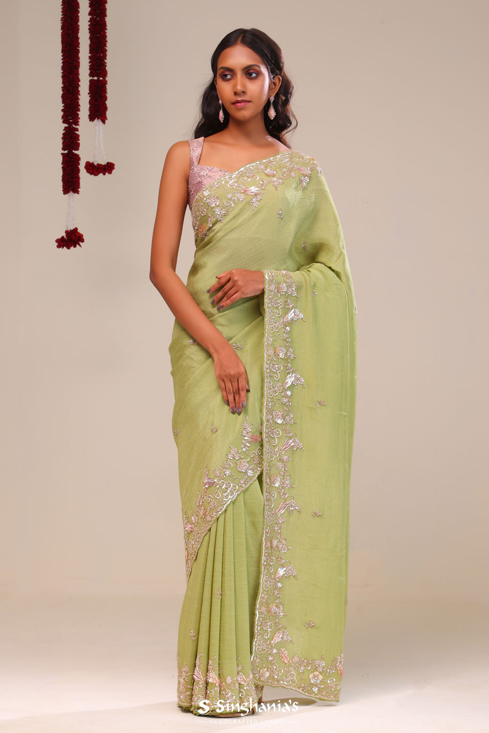 Moss Green Tissue Handcrafted Saree