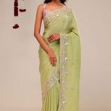 Moss Green Tissue Handcrafted Saree