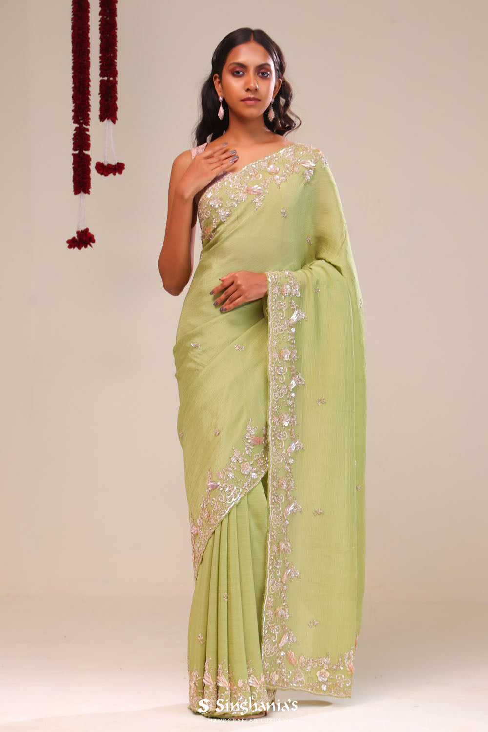 Moss Green Tissue Handcrafted Saree