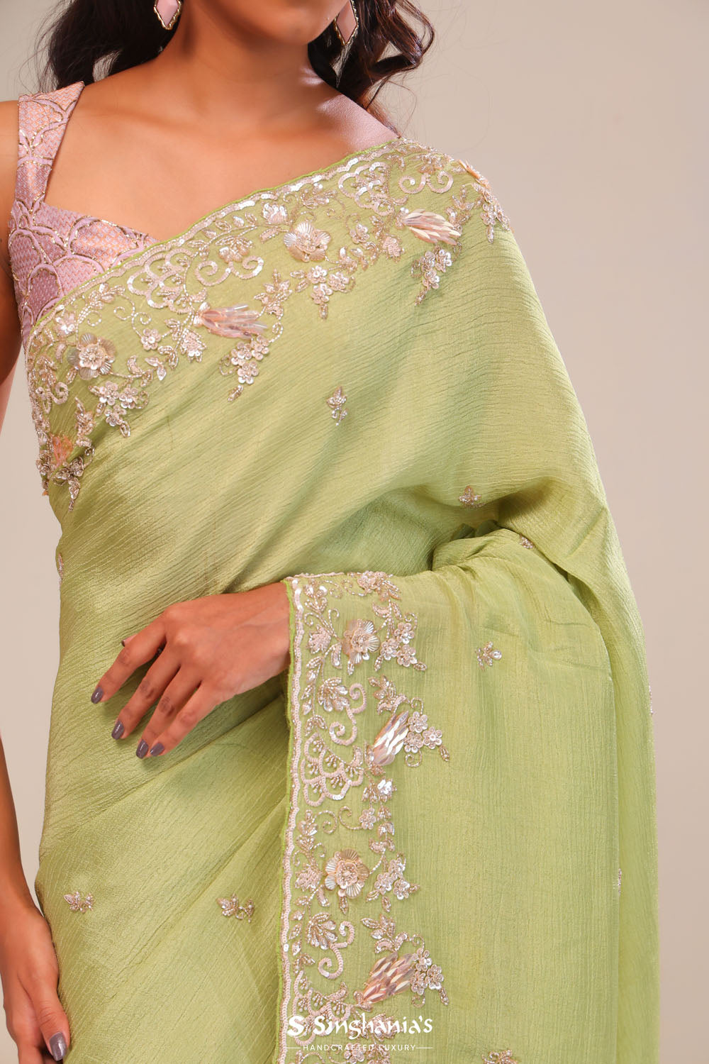 Moss Green Tissue Handcrafted Saree