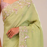 Moss Green Tissue Handcrafted Saree